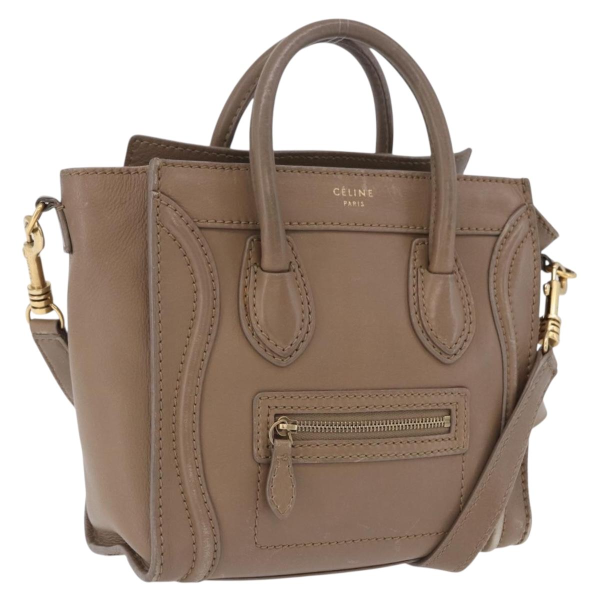 CELINE Luggage Nano Shopper Hand Bag Leather 2way Beige Gold Auth 200630A