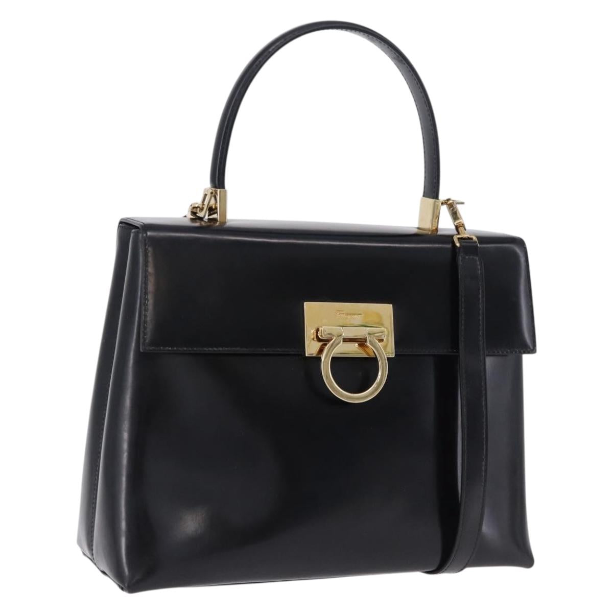 Salvatore Ferragamo Gancini Hand Bag Patent 2way Black Gold Tone Auth 200642