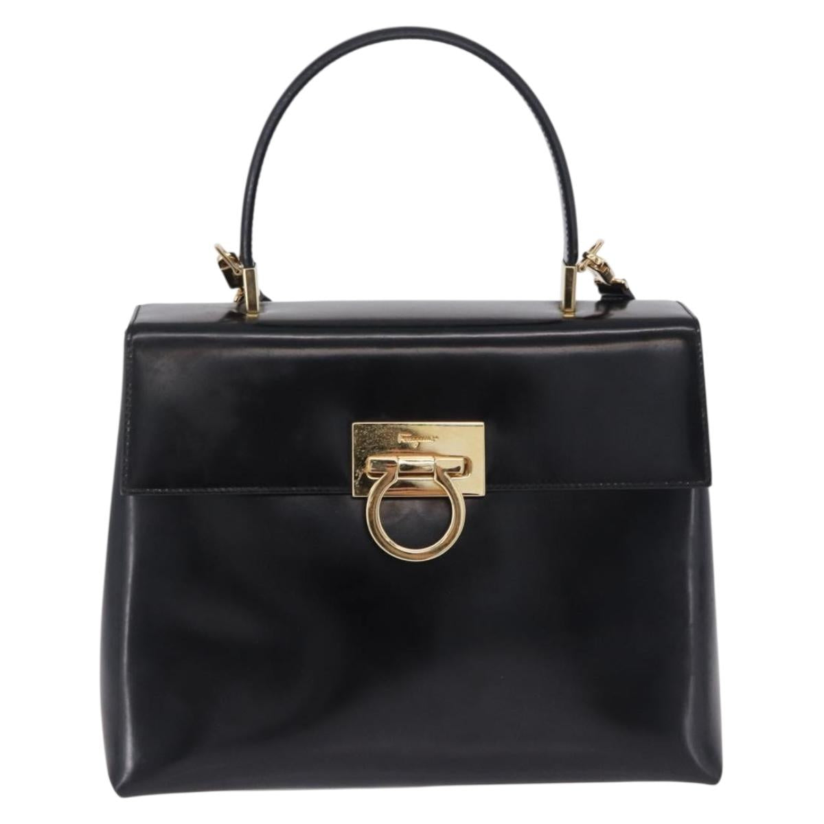 Salvatore Ferragamo Gancini Hand Bag Patent 2way Black Gold Tone Auth 200642