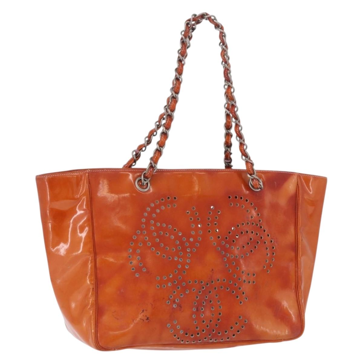 CHANEL Triple Coco Chain Shoulder Bag Patent Orange Silver CC Auth 200643