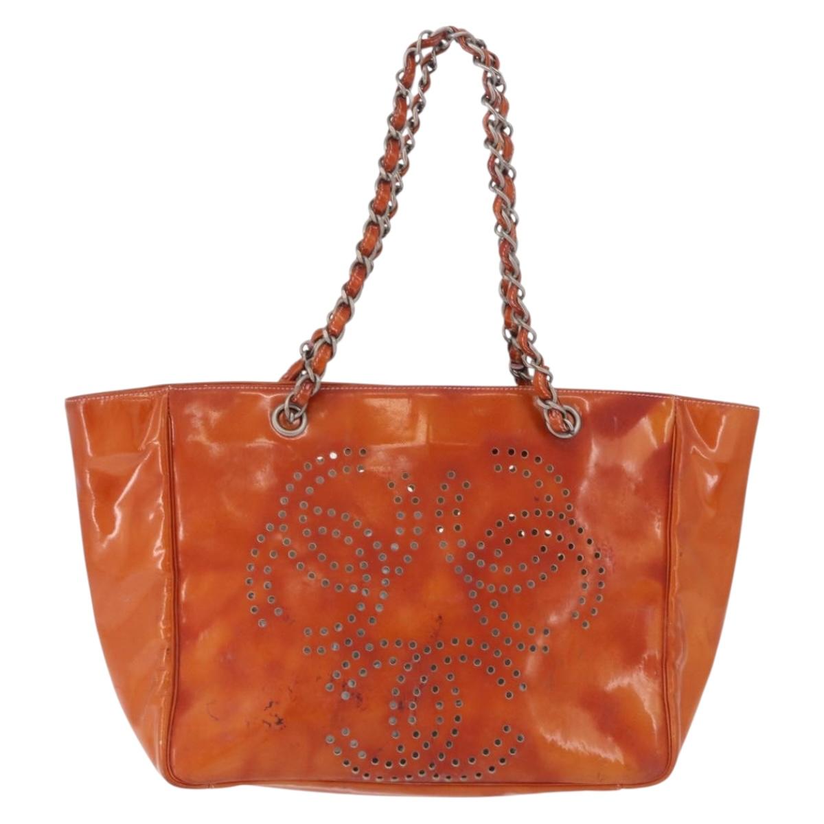 CHANEL Triple Coco Chain Shoulder Bag Patent Orange Silver CC Auth 200643