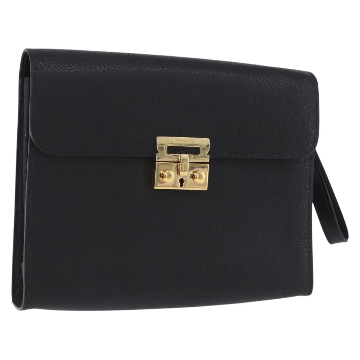 Salvatore Ferragamo Clutch Bag Leather Black Gold Tone Auth 200657