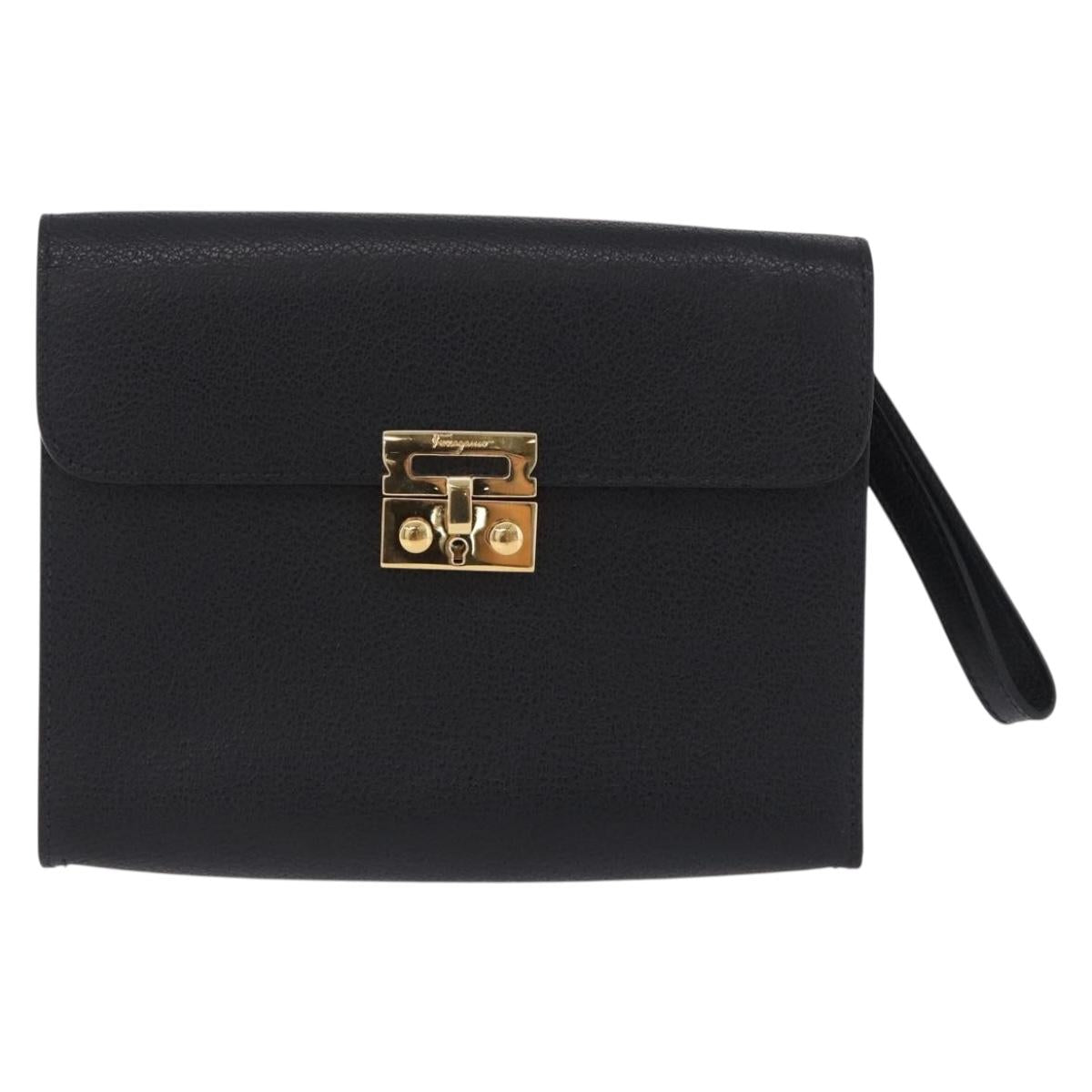 Salvatore Ferragamo Clutch Bag Leather Black Gold Tone Auth 200657