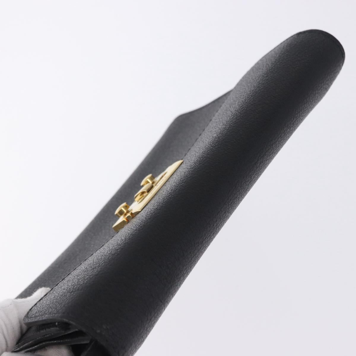 Salvatore Ferragamo Clutch Bag Leather Black Gold Tone Auth 200657