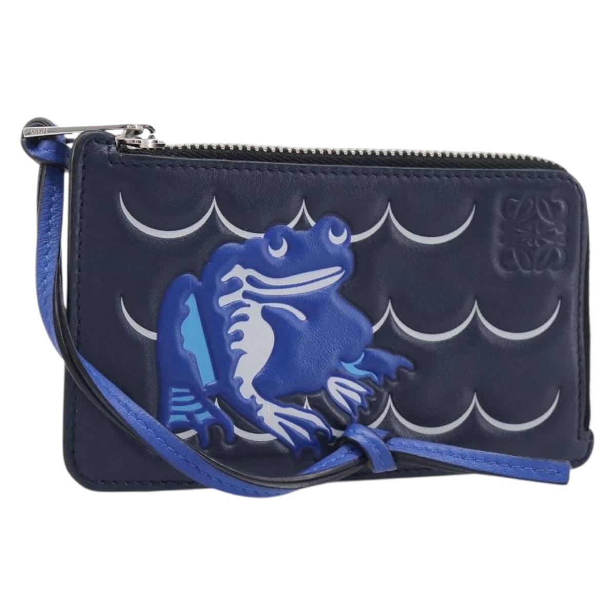 LOEWE William de Morgan Card Coin Case Leather Navy Silver Auth 200667M