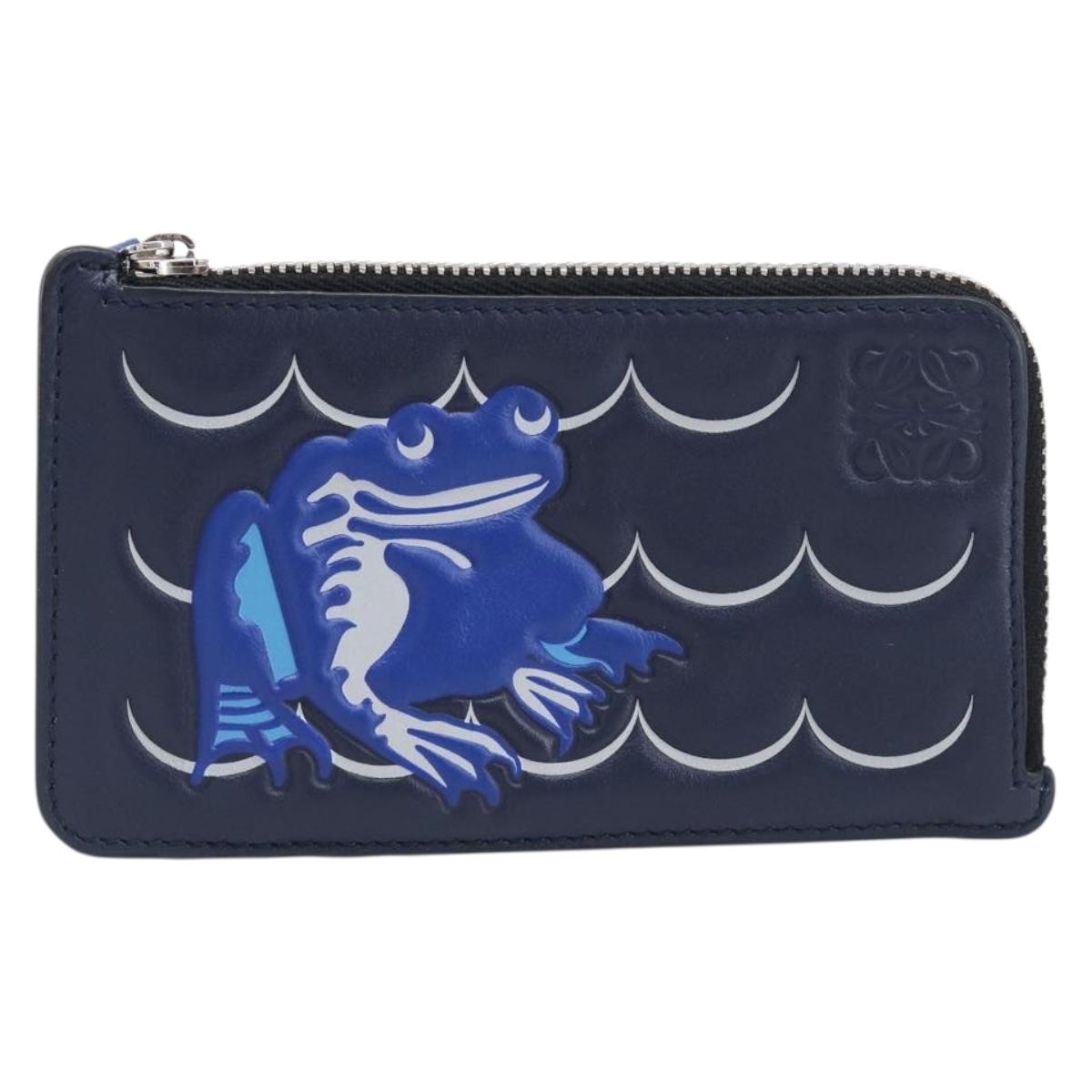 LOEWE William de Morgan Card Coin Case Leather Navy Silver Auth 200667M