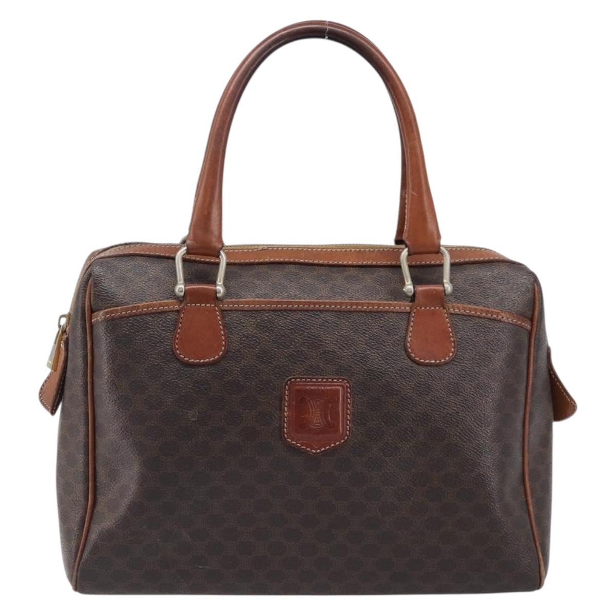 CELINE Macadam Canvas Boston Bag PVC Leather Brown Gold Auth 200674