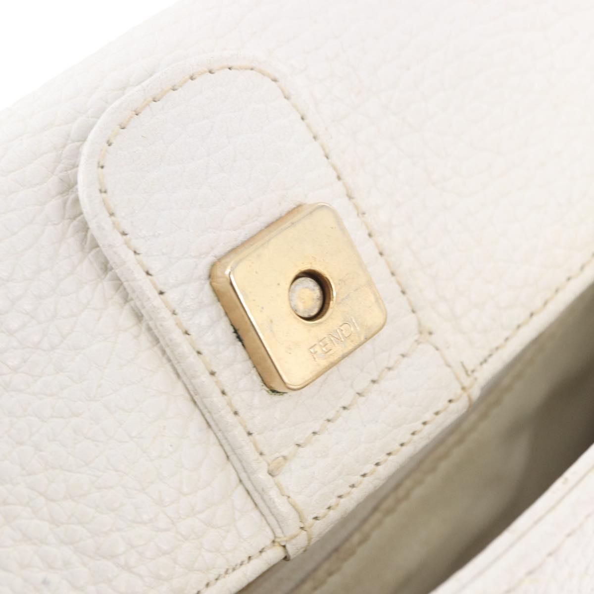 FENDI Hand Bag Leather 2way White Gold Auth 200680