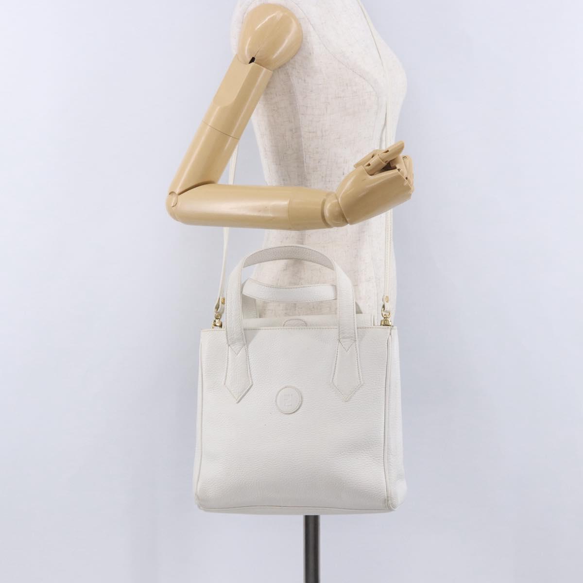 FENDI Hand Bag Leather 2way White Gold Auth 200680