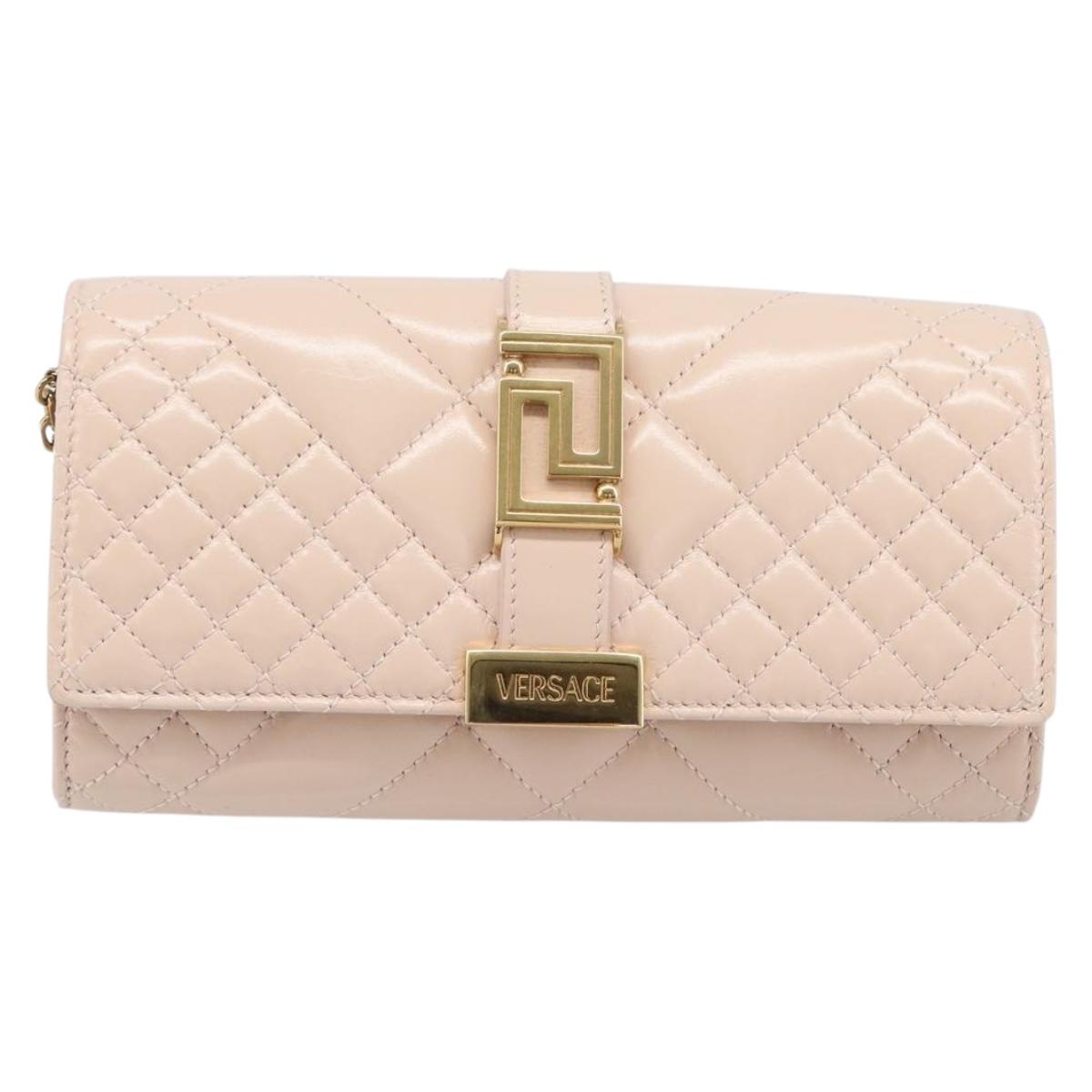 VERSACE Chain Shoulder Wallet Greca Goddess Leather Pink Gold Auth 200687V