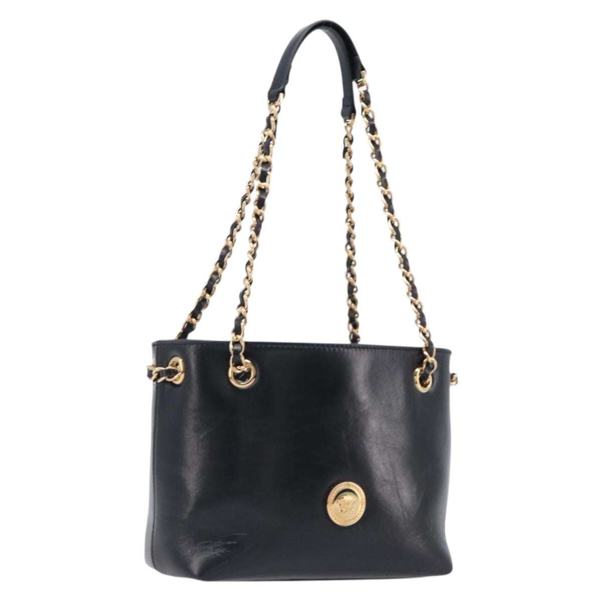 VERSACE Chain Shoulder Bag Leather Black Gold Auth 200691V