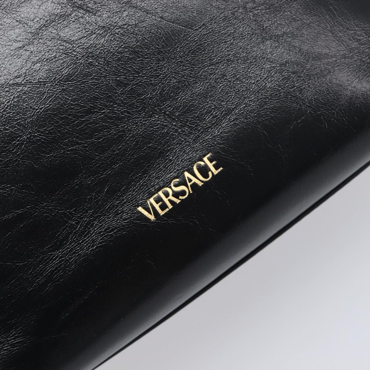 VERSACE Chain Shoulder Bag Leather Black Gold Auth 200691V