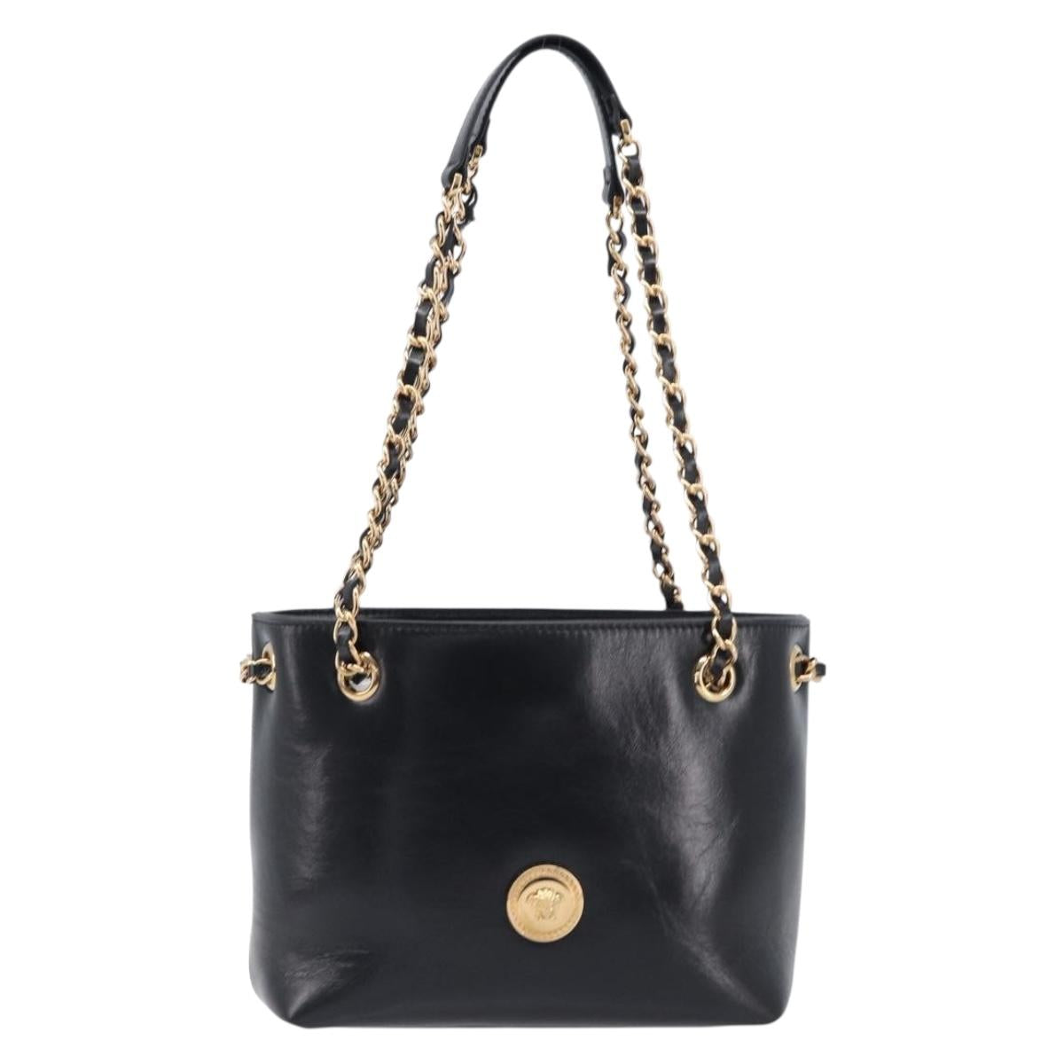 VERSACE Chain Shoulder Bag Leather Black Gold Auth 200691V