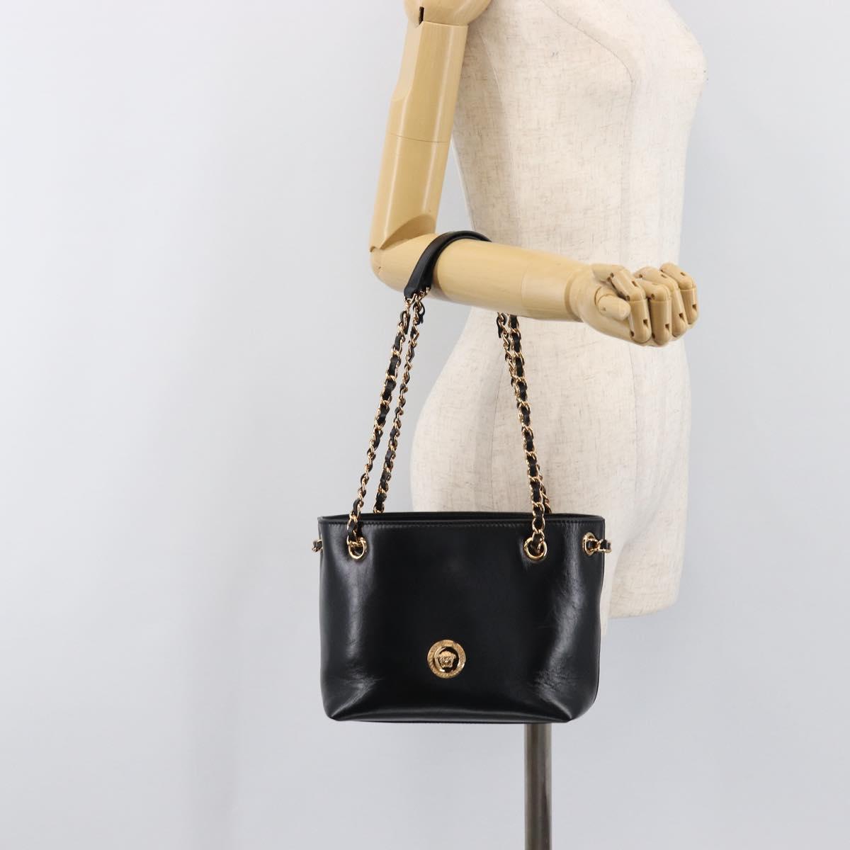 VERSACE Chain Shoulder Bag Leather Black Gold Auth 200691V