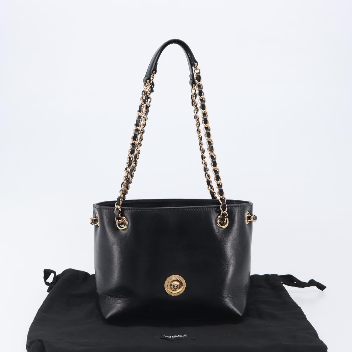 VERSACE Chain Shoulder Bag Leather Black Gold Auth 200691V