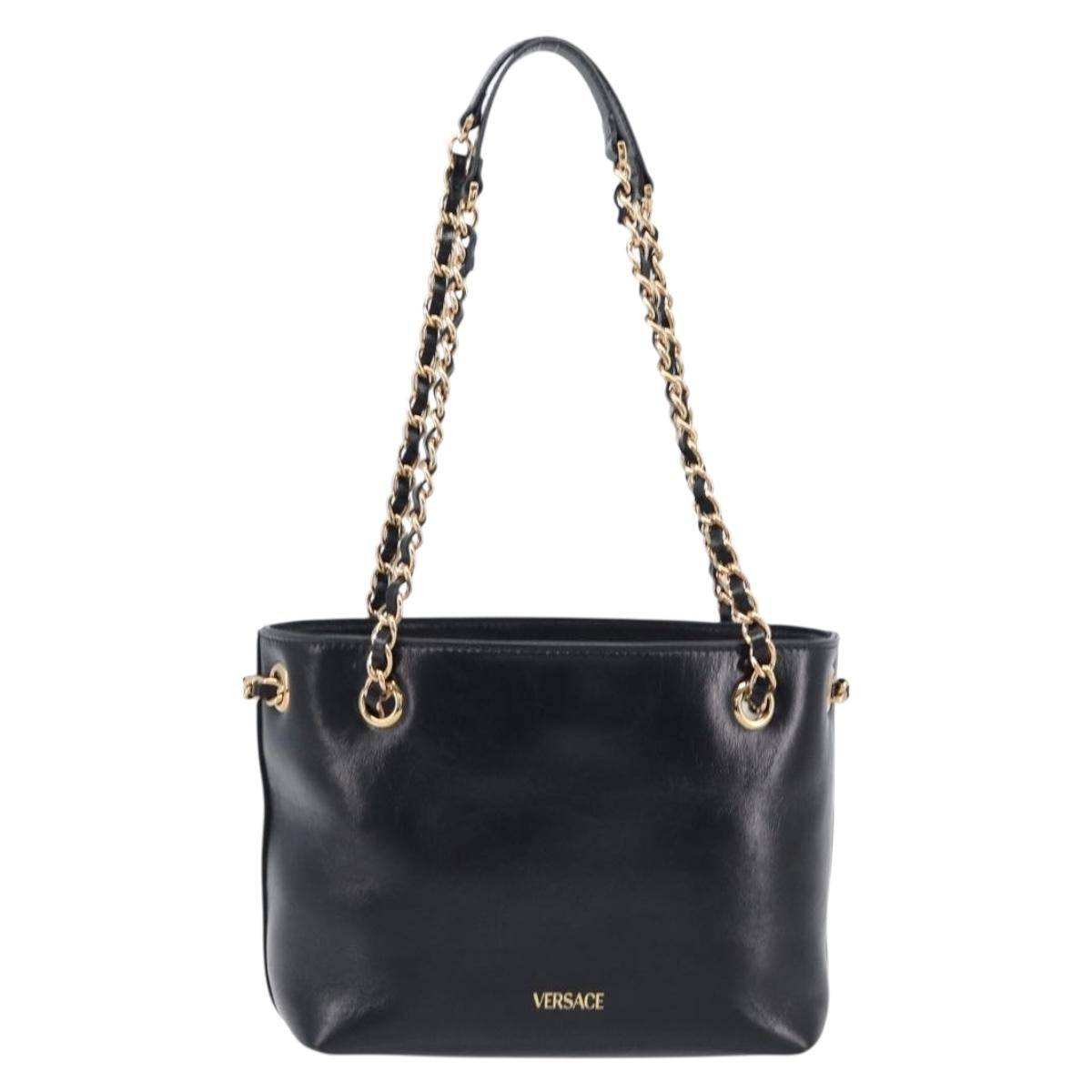 VERSACE Chain Shoulder Bag Leather Black Gold Auth 200691V