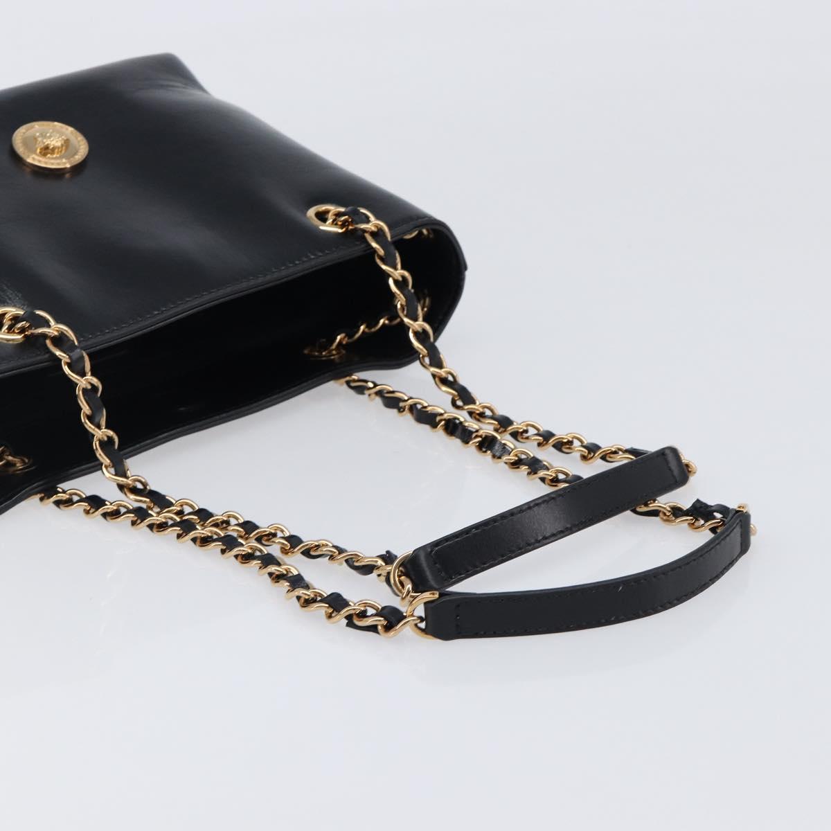 VERSACE Chain Shoulder Bag Leather Black Gold Auth 200691V