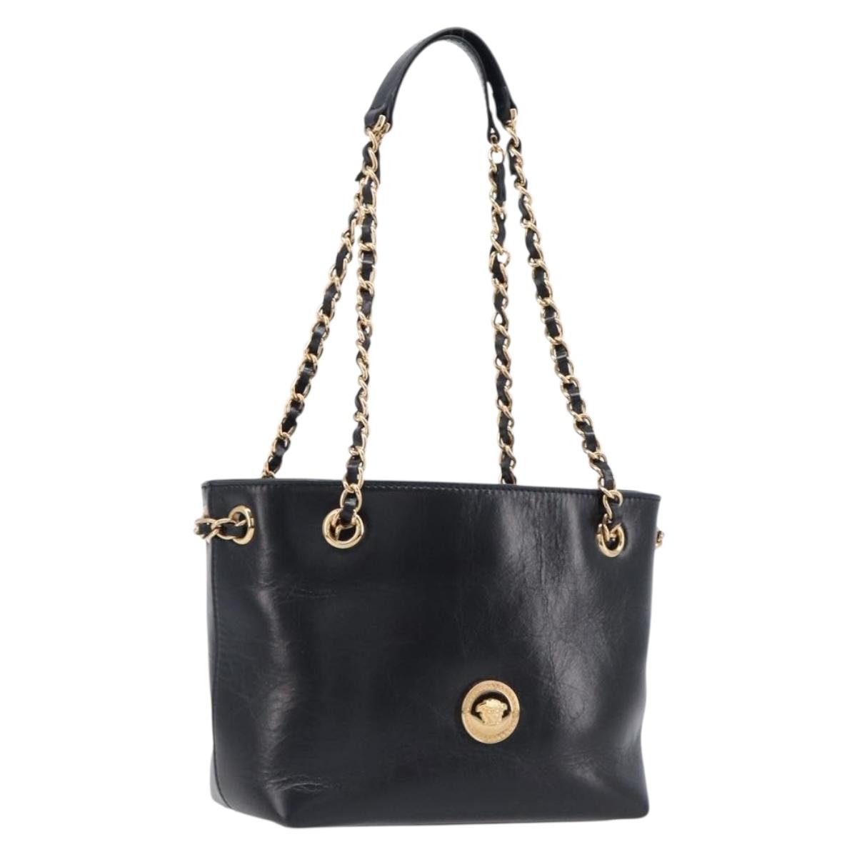 VERSACE Chain Shoulder Bag Leather Black Gold Auth 200692V
