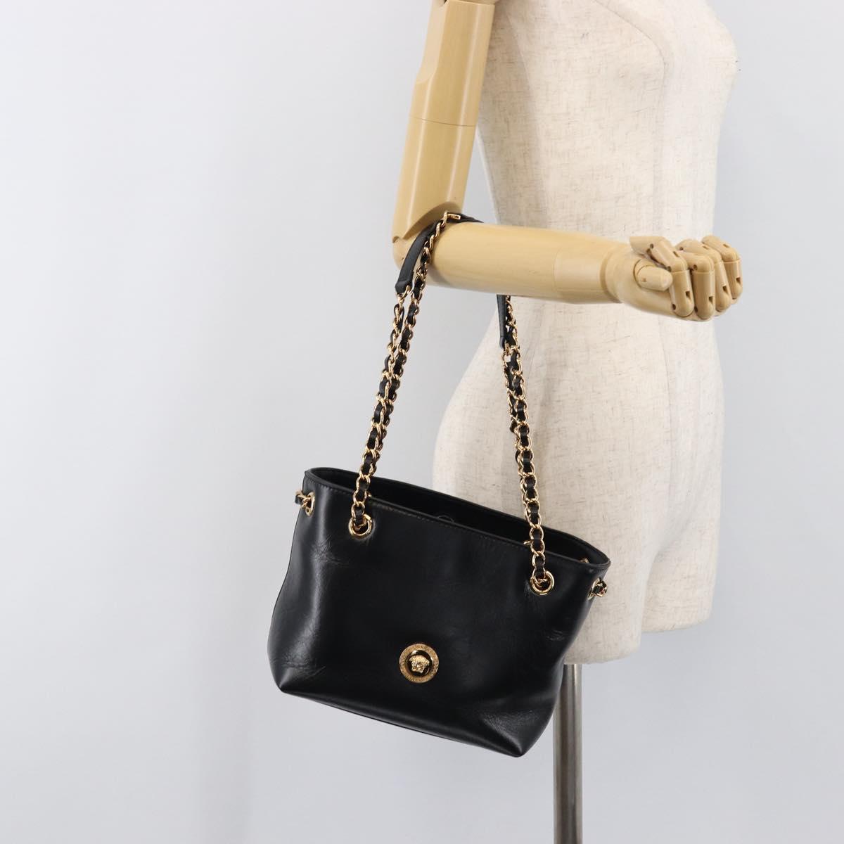 VERSACE Chain Shoulder Bag Leather Black Gold Auth 200692V