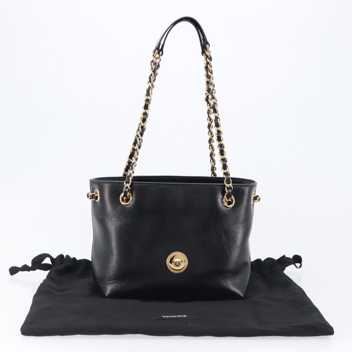VERSACE Chain Shoulder Bag Leather Black Gold Auth 200692V