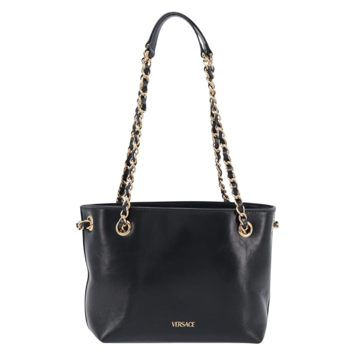 VERSACE Chain Shoulder Bag Leather Black Gold Auth 200692V