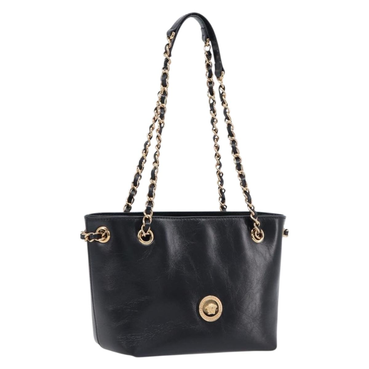 VERSACE Chain Shoulder Bag Leather Black Gold Auth 200693V