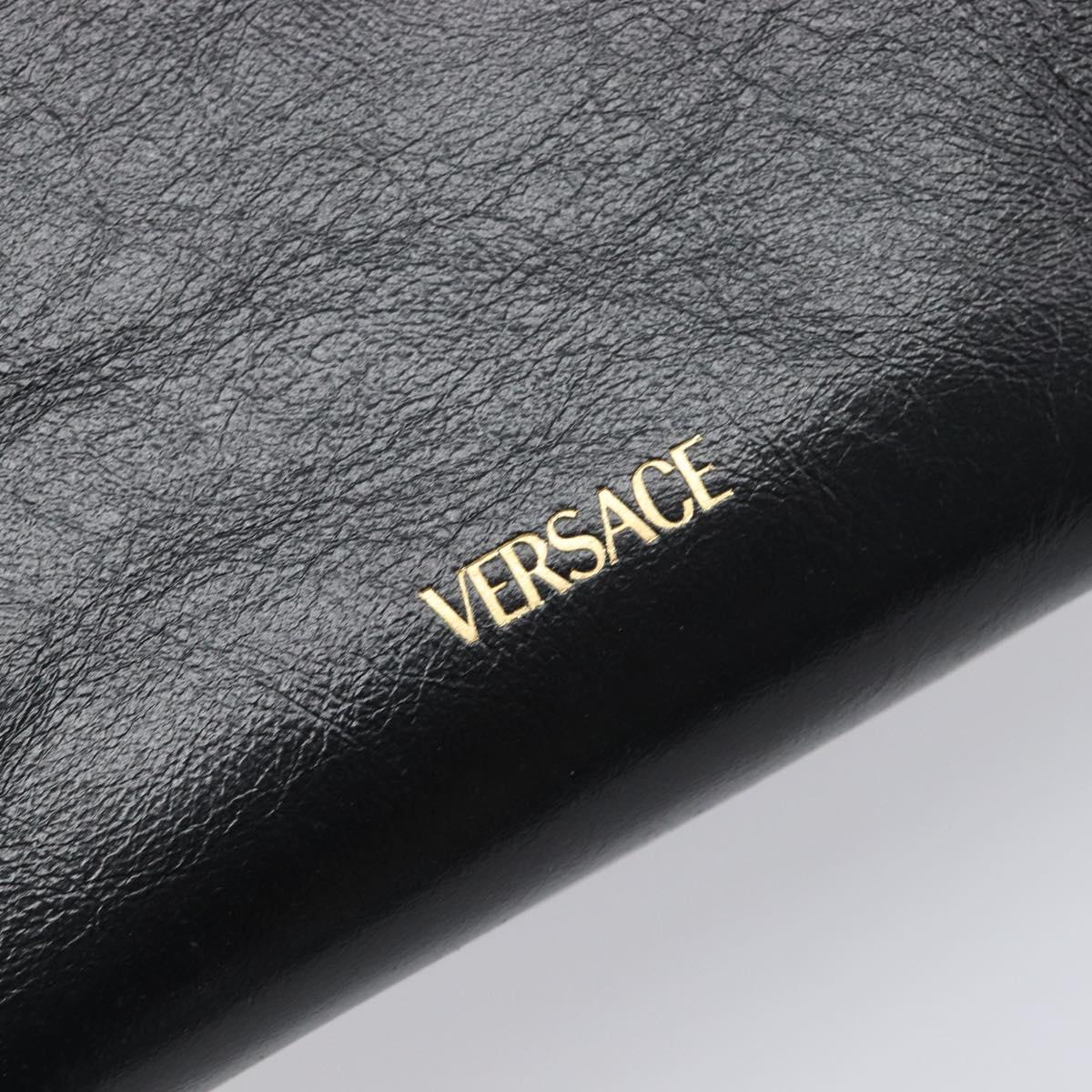 VERSACE Chain Shoulder Bag Leather Black Gold Auth 200693V