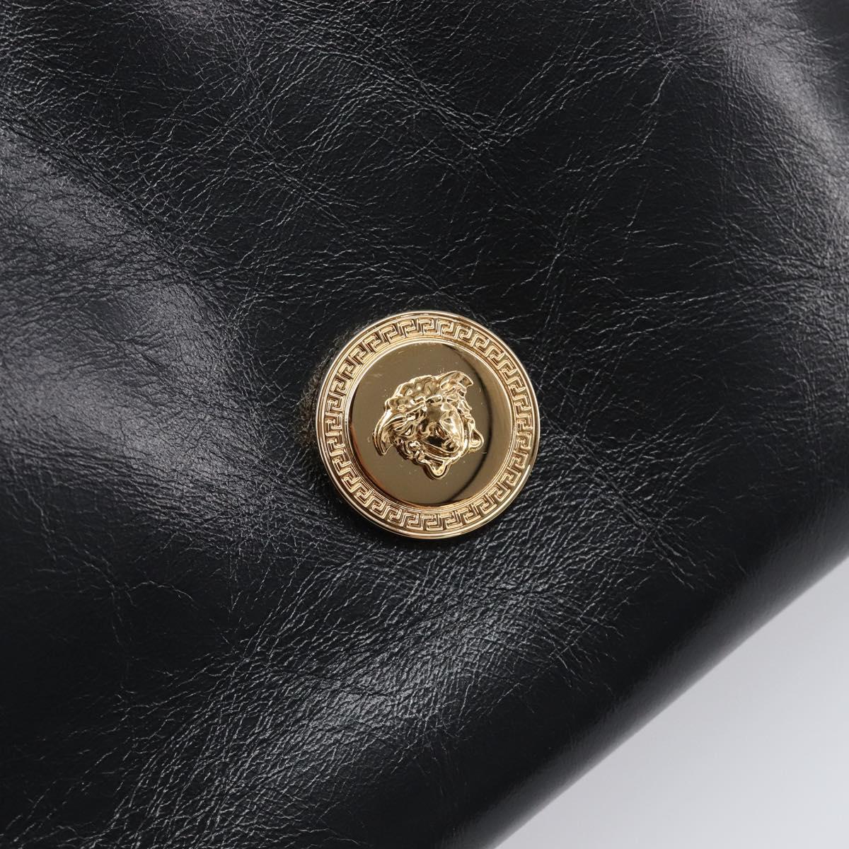 VERSACE Chain Shoulder Bag Leather Black Gold Auth 200693V