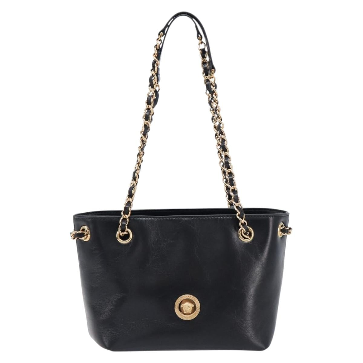 VERSACE Chain Shoulder Bag Leather Black Gold Auth 200693V