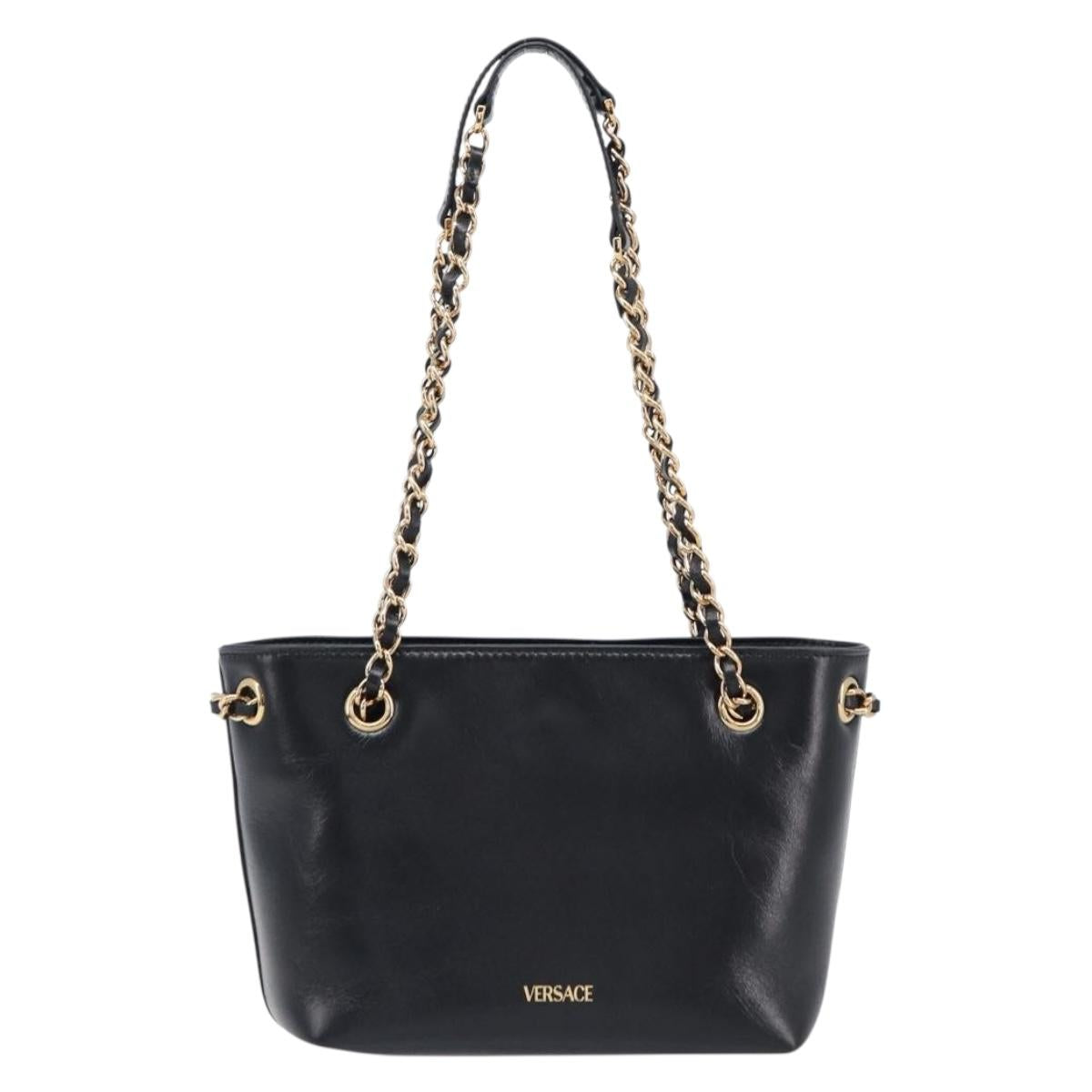 VERSACE Chain Shoulder Bag Leather Black Gold Auth 200693V