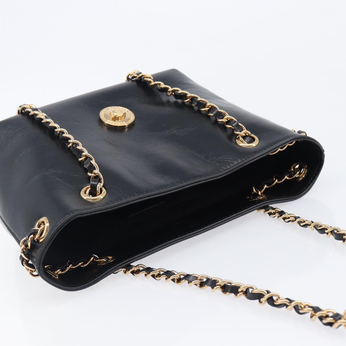 VERSACE Chain Shoulder Bag Leather Black Gold Auth 200693V
