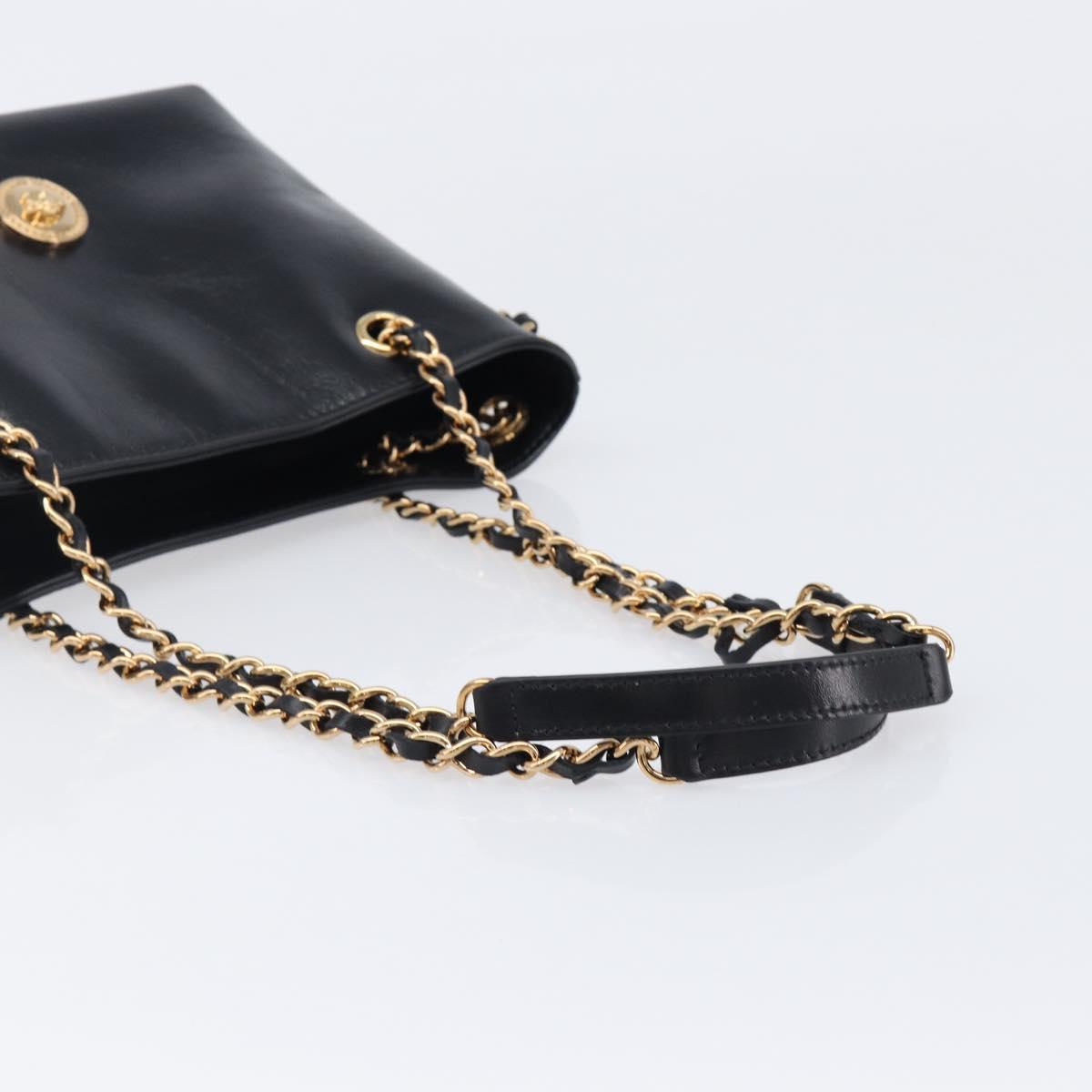 VERSACE Chain Shoulder Bag Leather Black Gold Auth 200693V