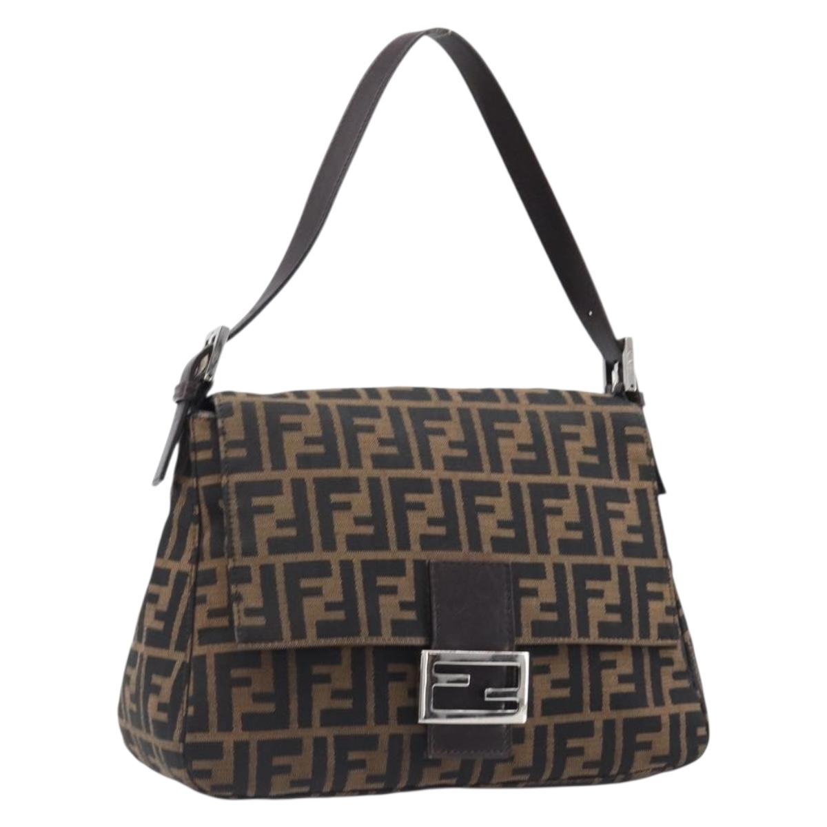 FENDI Zucca Canvas Mamma Baguette Shoulder Bag Black Brown Auth 200695V