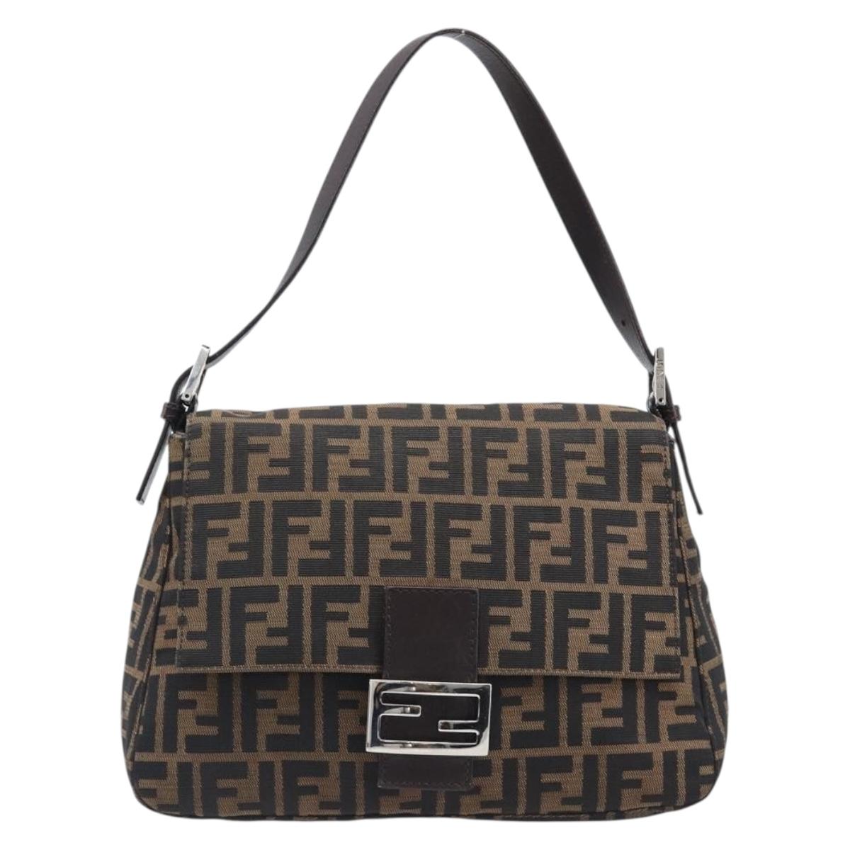 FENDI Zucca Canvas Mamma Baguette Shoulder Bag Black Brown Auth 200695V