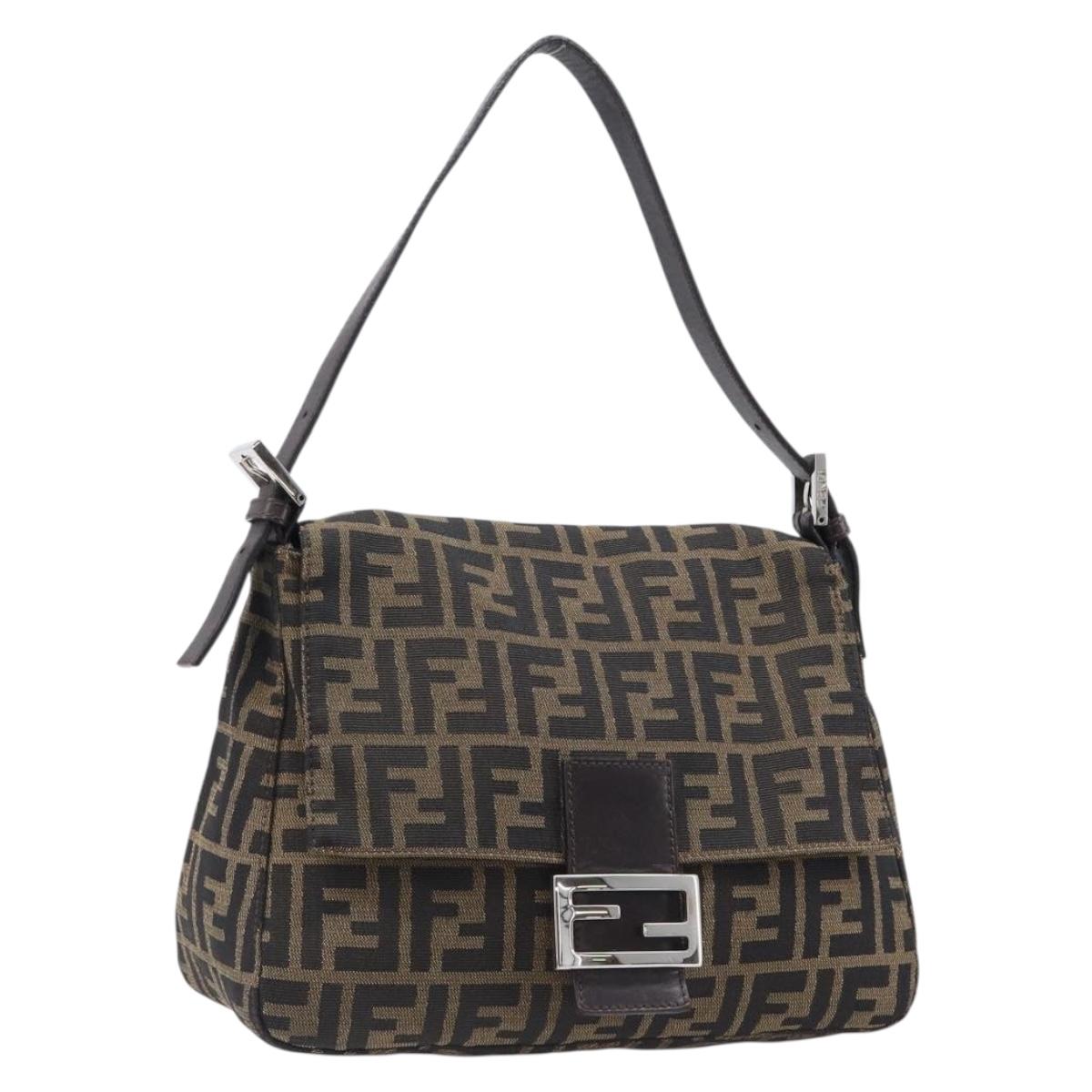 FENDI Zucca Canvas Mamma Baguette Shoulder Bag Black Brown Auth 200696V