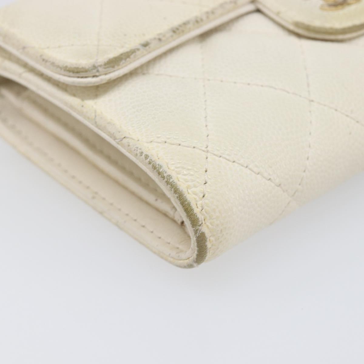 CHANEL Matelasse Long Wallet Caviar Skin White Gold CC Auth 200700