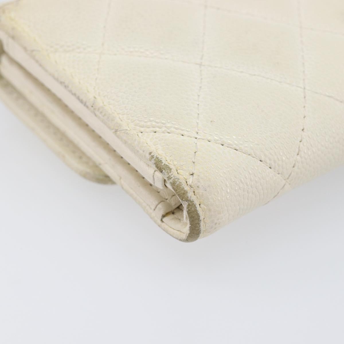 CHANEL Matelasse Long Wallet Caviar Skin White Gold CC Auth 200700