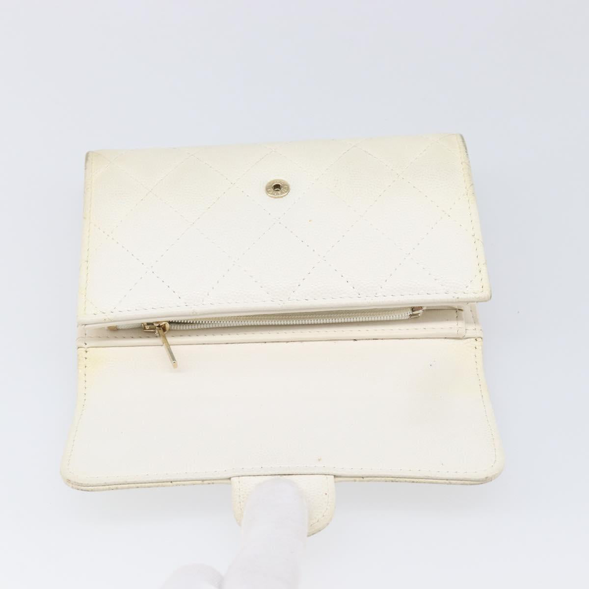 CHANEL Matelasse Long Wallet Caviar Skin White Gold CC Auth 200700
