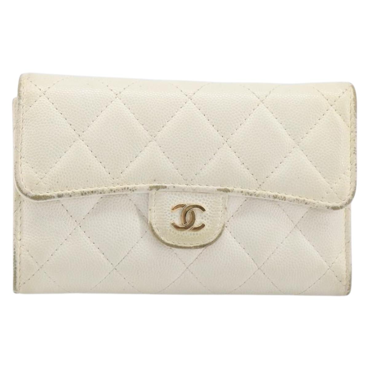 CHANEL Matelasse Long Wallet Caviar Skin White Gold CC Auth 200700