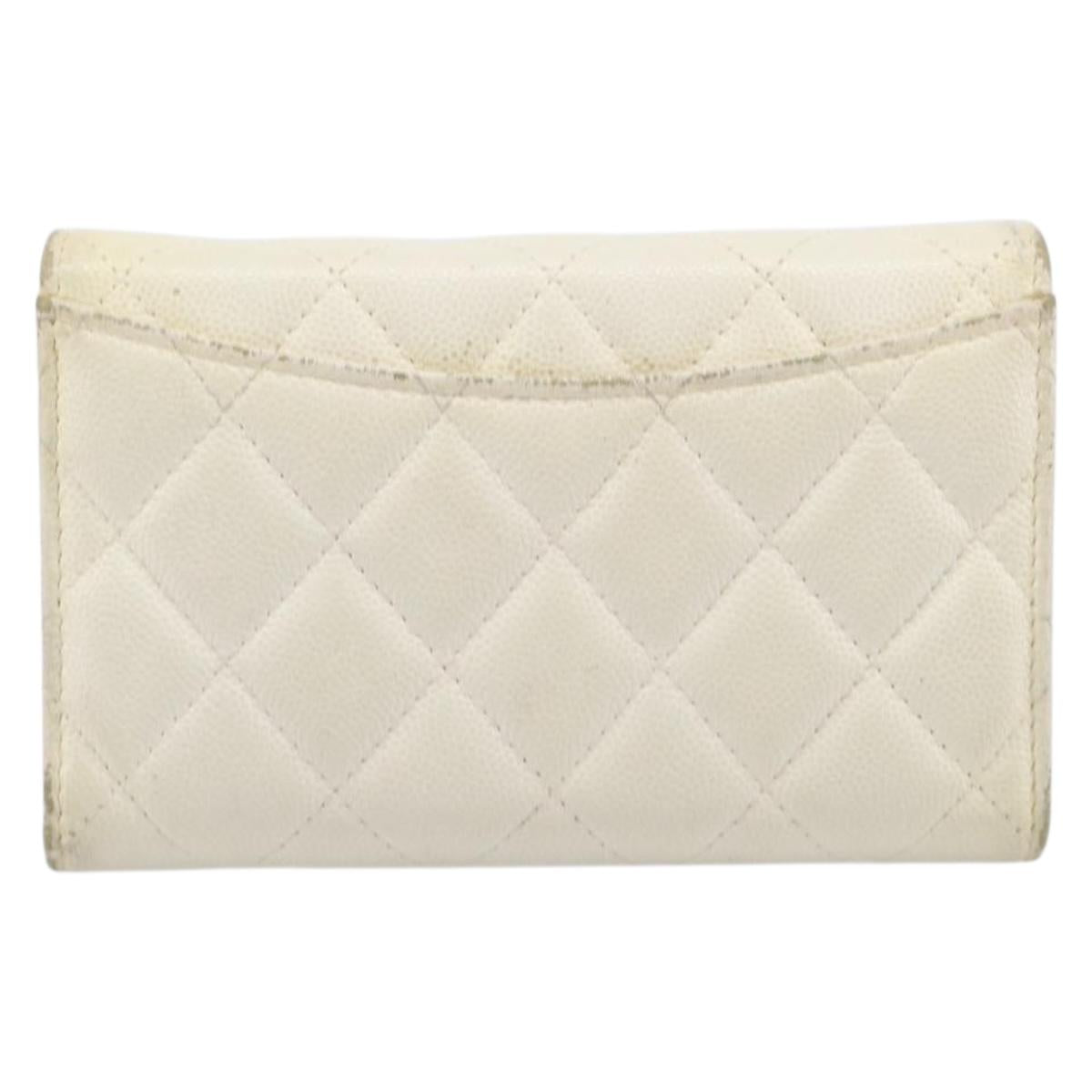 CHANEL Matelasse Long Wallet Caviar Skin White Gold CC Auth 200700