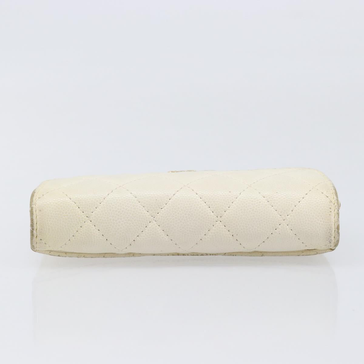 CHANEL Matelasse Long Wallet Caviar Skin White Gold CC Auth 200700