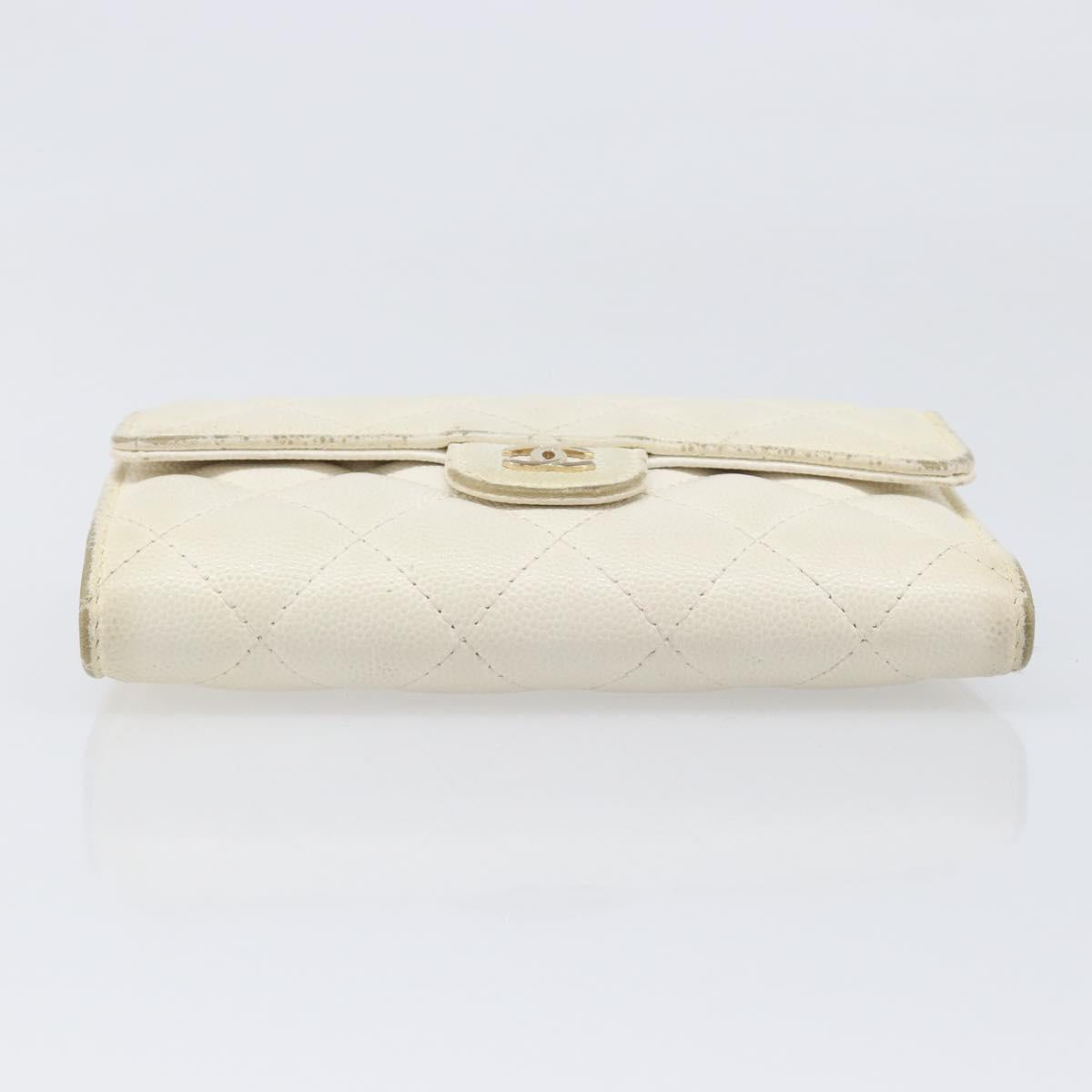 CHANEL Matelasse Long Wallet Caviar Skin White Gold CC Auth 200700