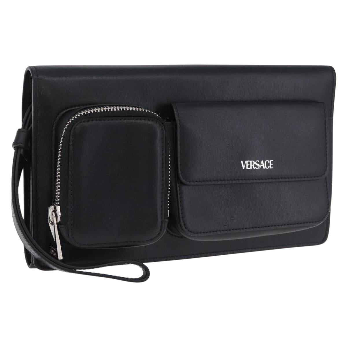 VERSACE Clutch Bag Leather Black Silver Auth 200703V