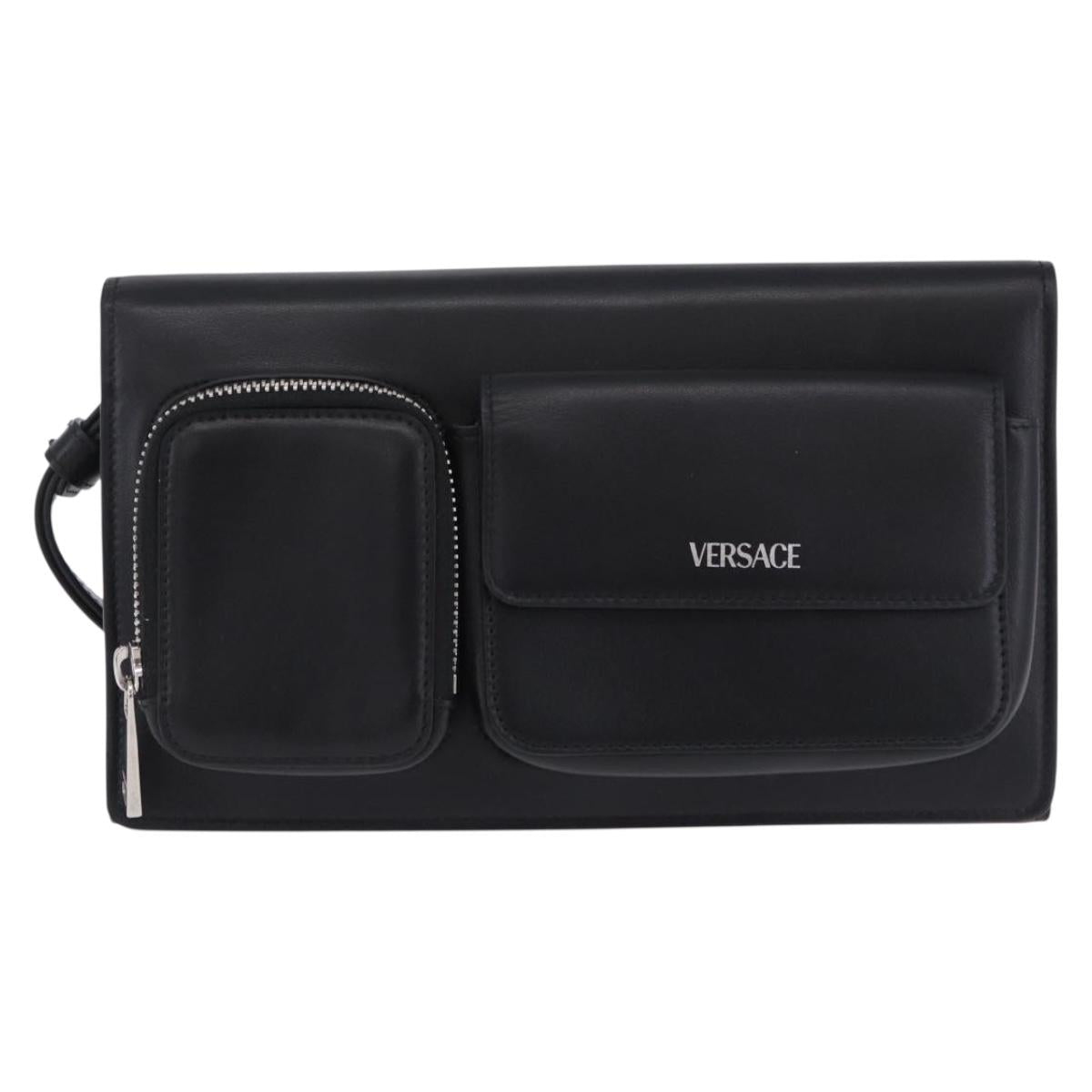 VERSACE Clutch Bag Leather Black Silver Auth 200703V