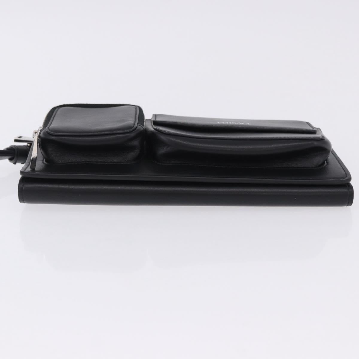 VERSACE Clutch Bag Leather Black Silver Auth 200703V