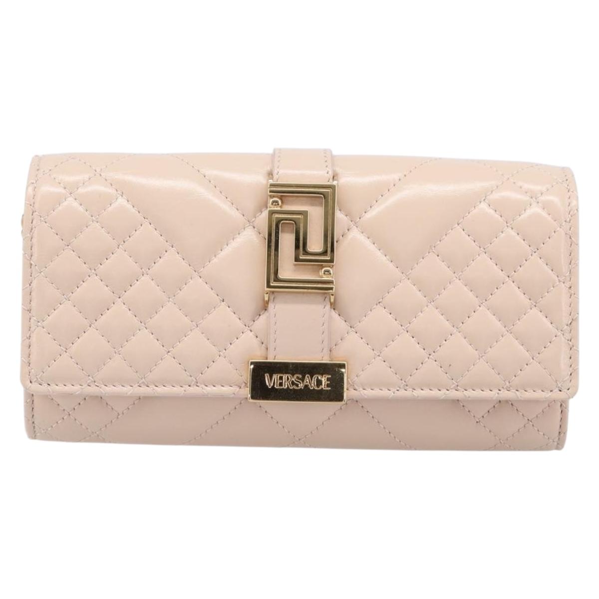 VERSACE Chain Shoulder Wallet Greca Goddess Leather Pink Gold Auth 200704V