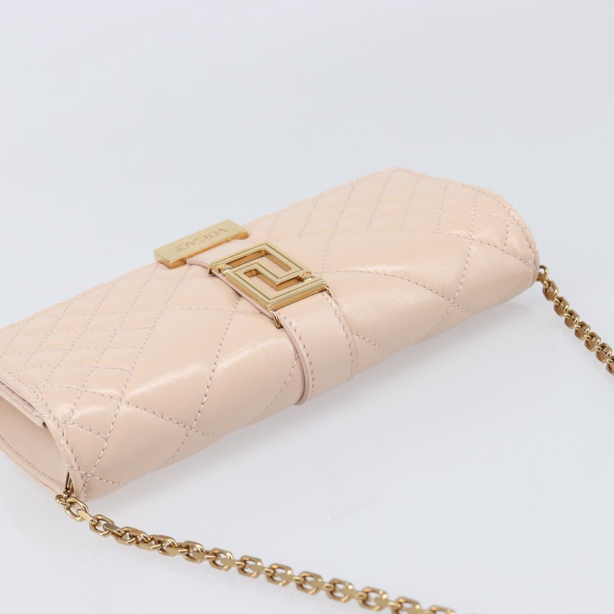 VERSACE Chain Shoulder Wallet Greca Goddess Leather Pink Gold Auth 200704V
