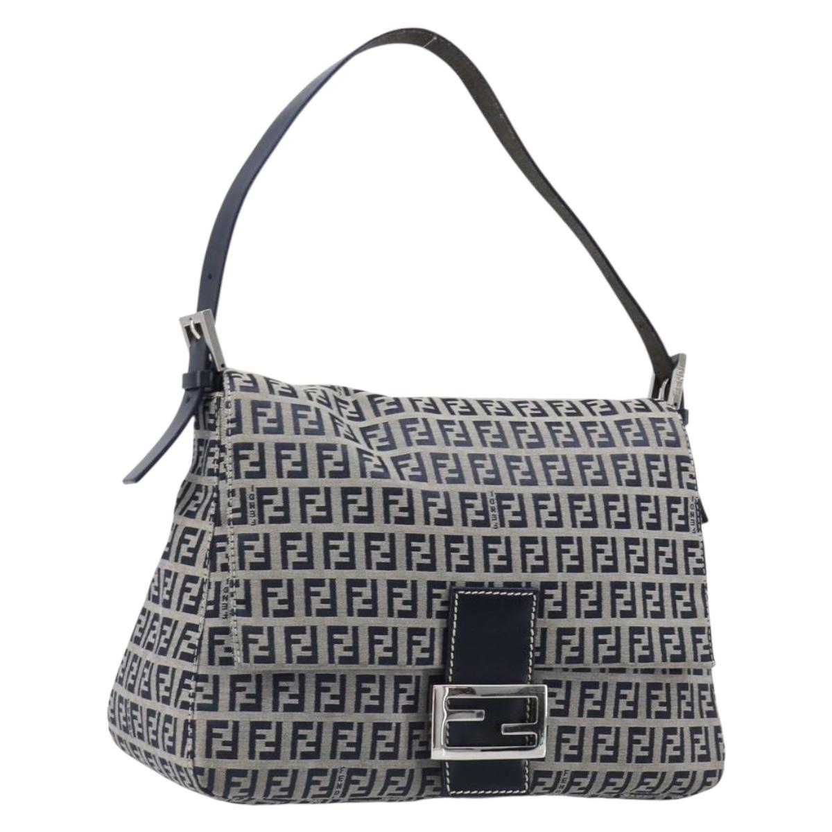 FENDI Zucchino Canvas Mamma Baguette Shoulder Bag Navy Silver Auth 200709V