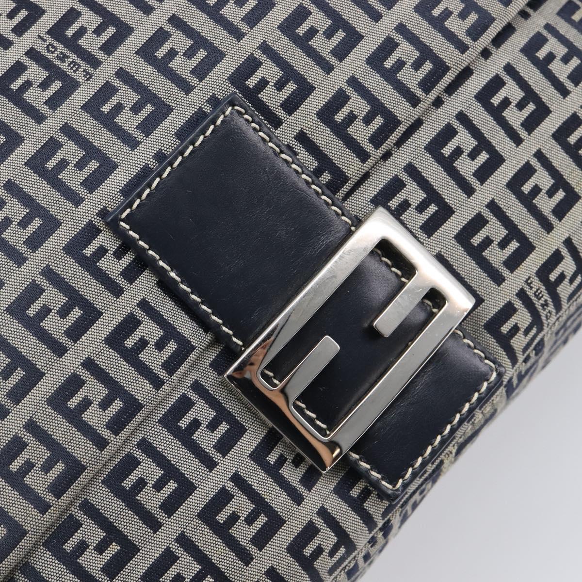 FENDI Zucchino Canvas Mamma Baguette Shoulder Bag Navy Silver Auth 200709V