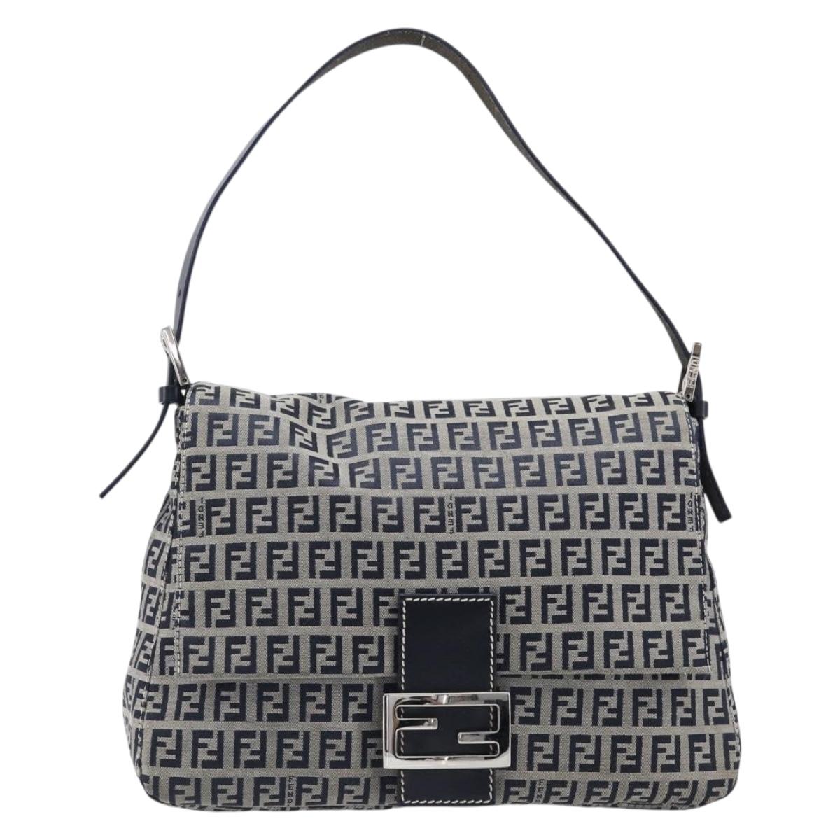 FENDI Zucchino Canvas Mamma Baguette Shoulder Bag Navy Silver Auth 200709V